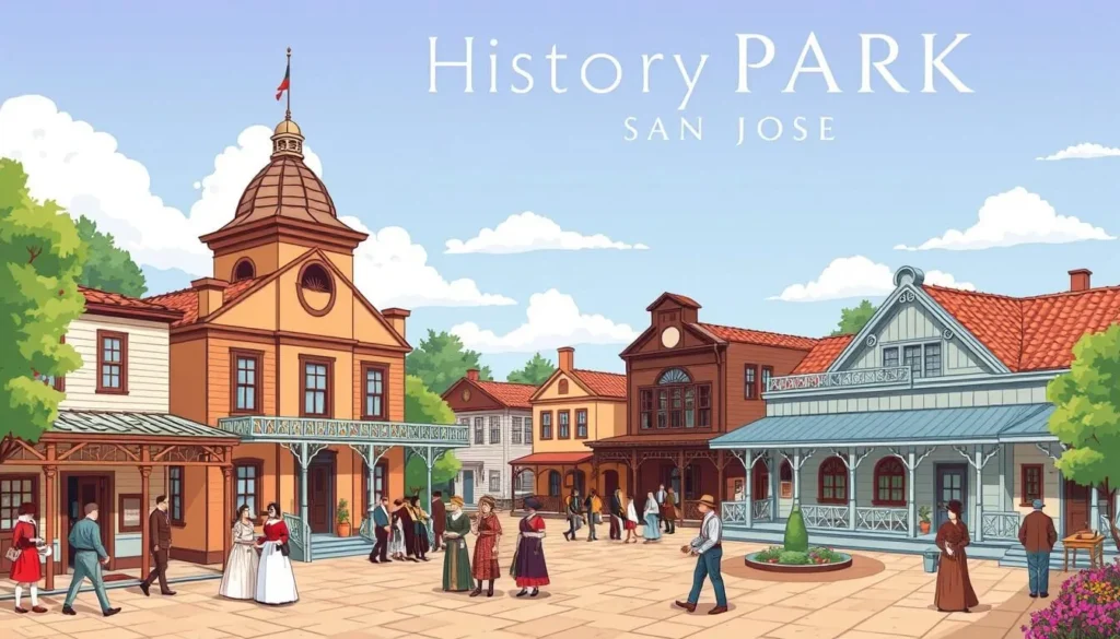 An image of History Park San Jose with historic buildings and people in period attire.