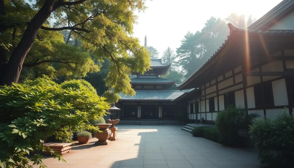 An image of Honmyoji Temple's serene courtyard with a memorial pagoda in the background.