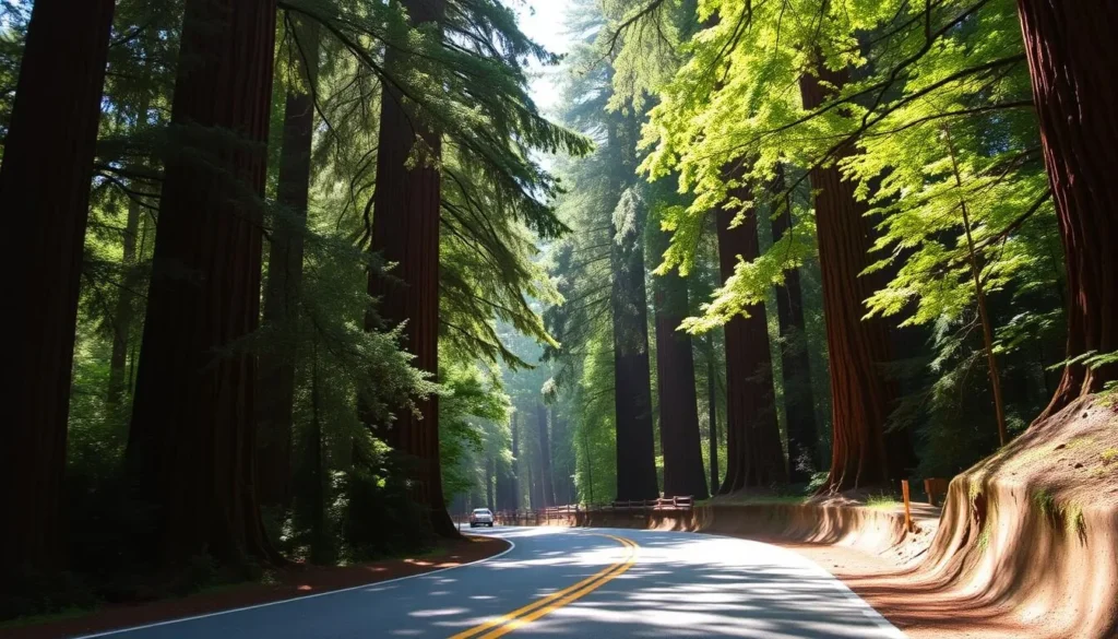 An image of Howland Hill Road, showcasing the scenic drive through the old-growth redwoods.
