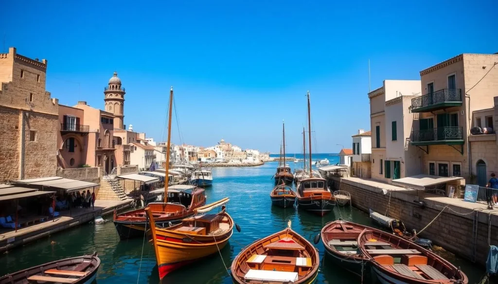 An image of Jaffa's ancient port with historical buildings and boats
