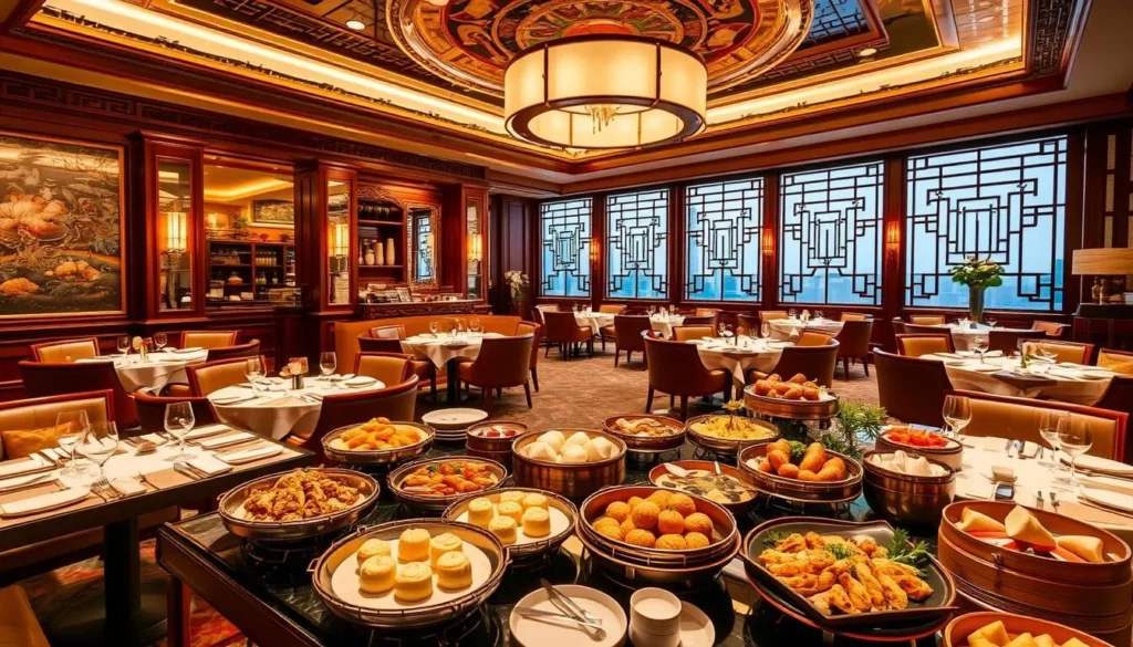 An image of Jiang-Nan Chun's elegant dining area, showcasing its authentic Cantonese cuisine and dim sum offerings.