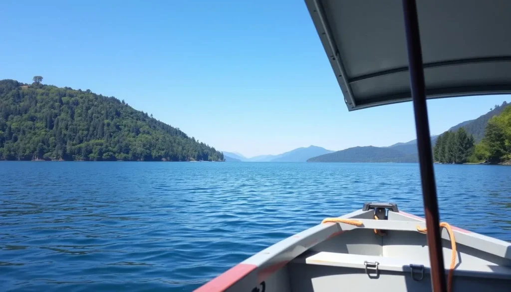 An image of Kinkaid Lake with a fishing boat in the foreground