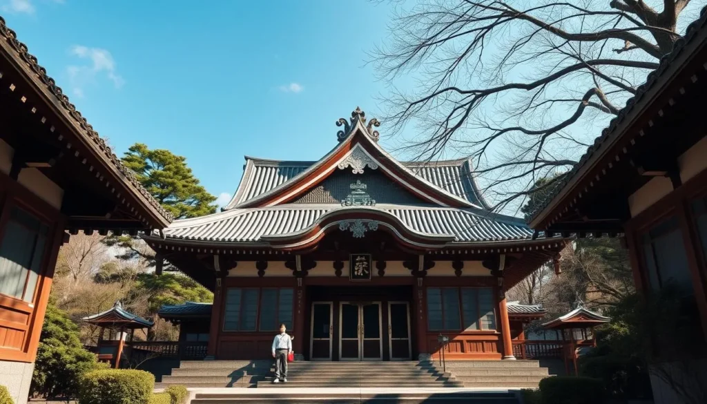 An image of Kishimojin Shrine's main hall surrounded by traditional Japanese architecture.