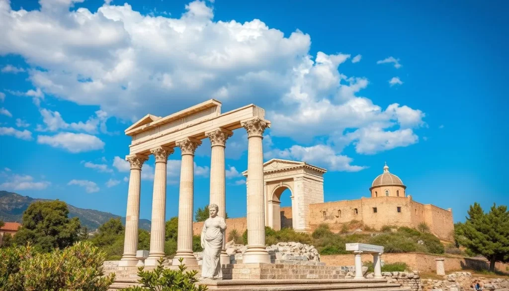 An image of Kos Town's historical sites, including the Ancient Agora and Neratzia Castle.