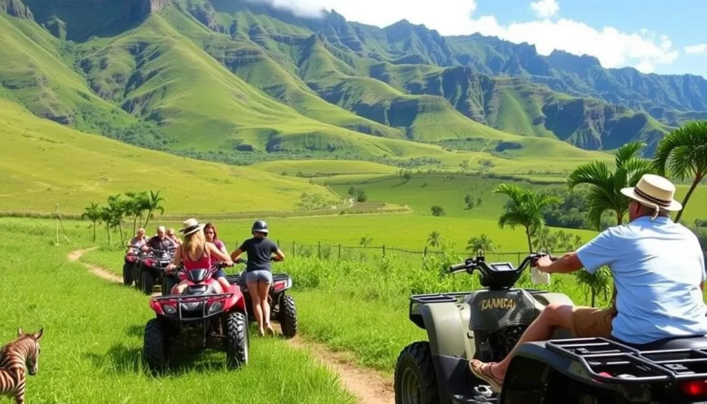 An image of Kualoa Ranch with a tour group on an ATV adventure