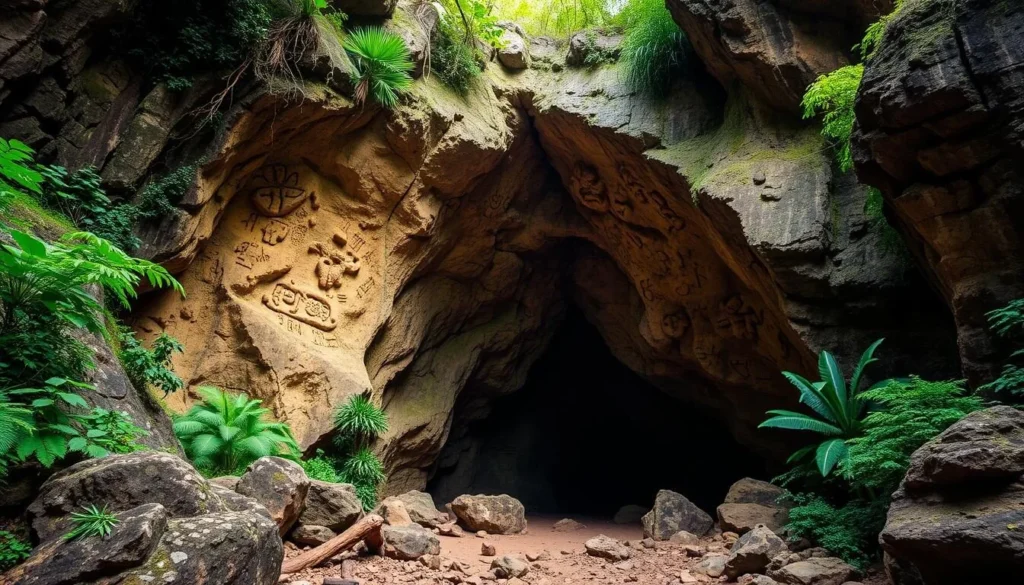 An image of La Cueva del Indio, a cave in Arecibo, Puerto Rico, with indigenous carvings and double arches.