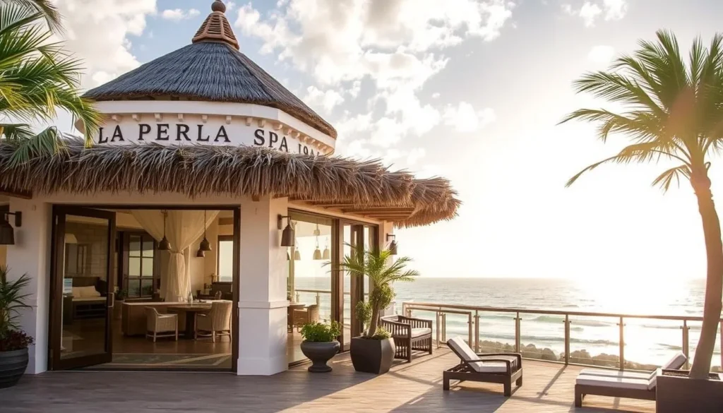 An image of La Perla Spa's exterior or interior with a focus on its oceanfront location