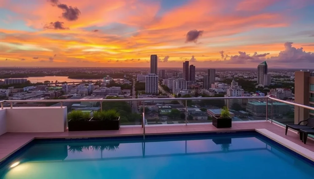 An image of La Terraza de San Juan's rooftop pool with panoramic views of the city. An image of La Terraza de San Juan's rooftop pool with panoramic views of the city.