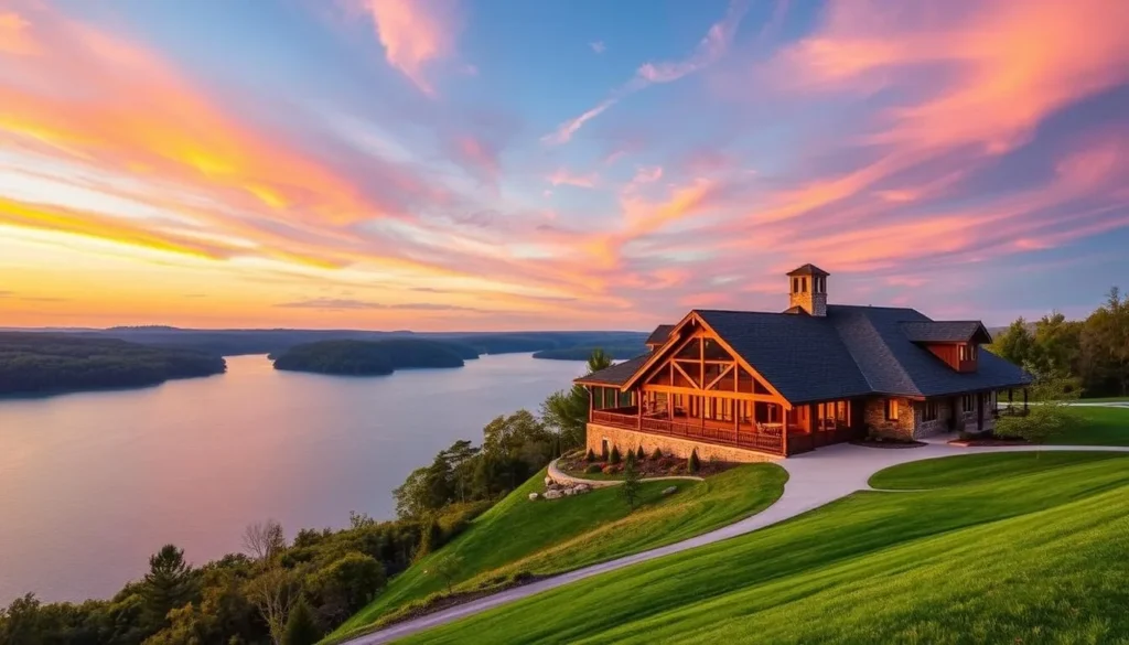 An image of Lake Barkley State Resort Park's lodge with panoramic views of the lake.