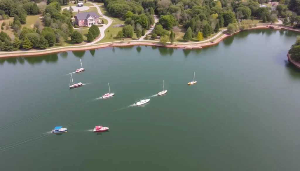 An image of Lake Fayetteville with boats on the water and trails surrounding the lake.