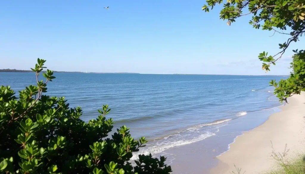 An image of Lake Pontchartrain's serene shoreline in Mandeville, Louisiana