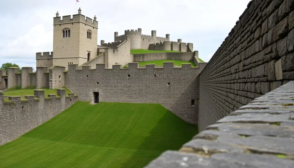An image of Lancaster Castle's imposing stone walls and Castle Hill