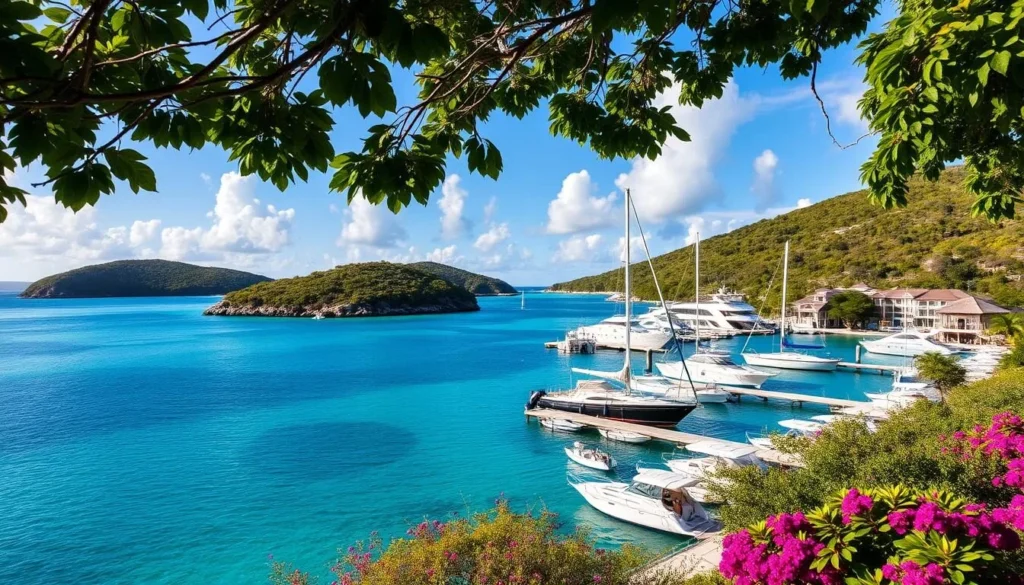 An image of Leverick Bay Resort and Marina in Virgin Gorda, showcasing its beautiful surroundings and yachts.