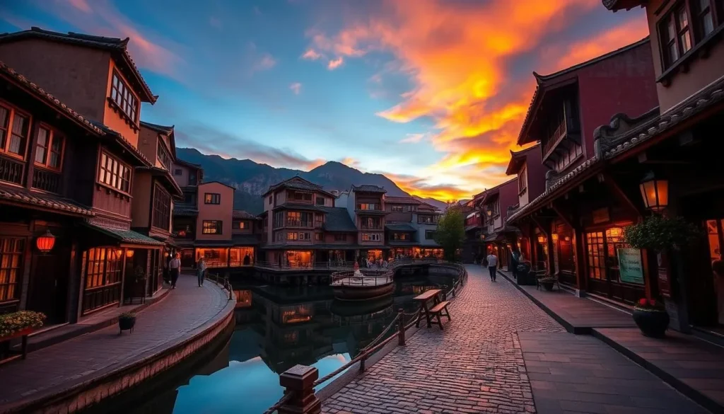 An image of Lijiang Old Town's cobblestone streets and canals at sunset.
