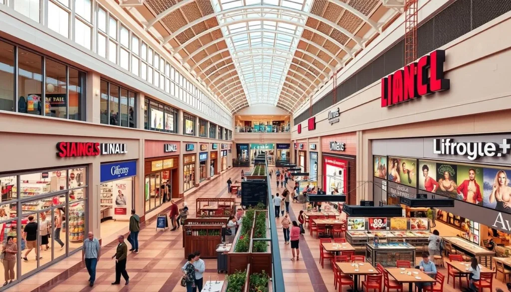 An image of Lindale Mall's interior, showcasing various stores and a food court.