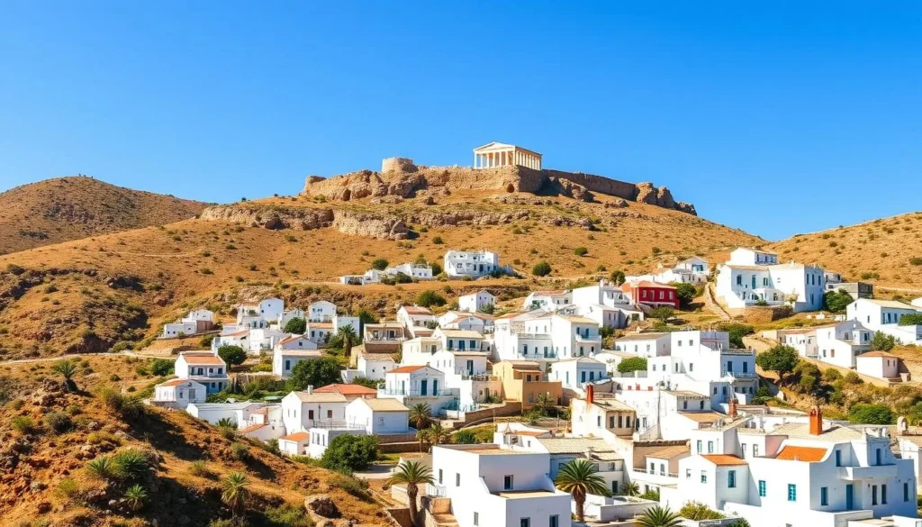 An image of Lindos village with its whitewashed houses and the Acropolis in the background