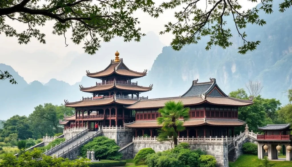 An image of Lingyun Temple in Leshan, China, showcasing its ancient architecture and serene surroundings.