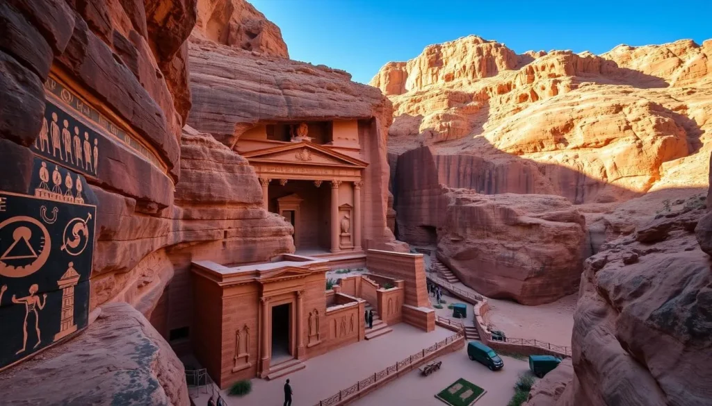 An image of Little Petra's canyon with its ancient structures and Hellenistic wall paintings.