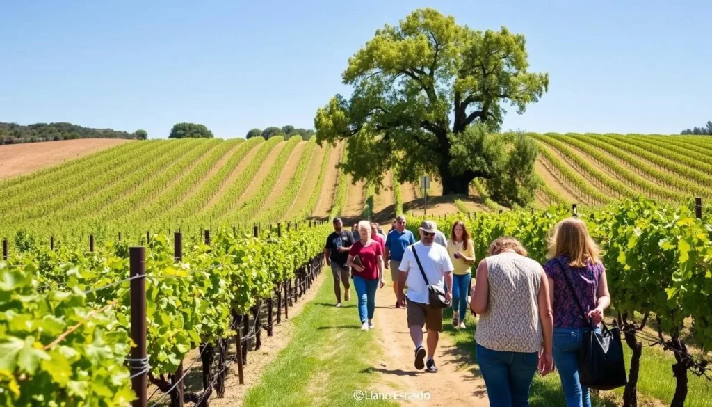 An image of Llano Estacado Winery's vineyard with a tour group walking through the vineyards.