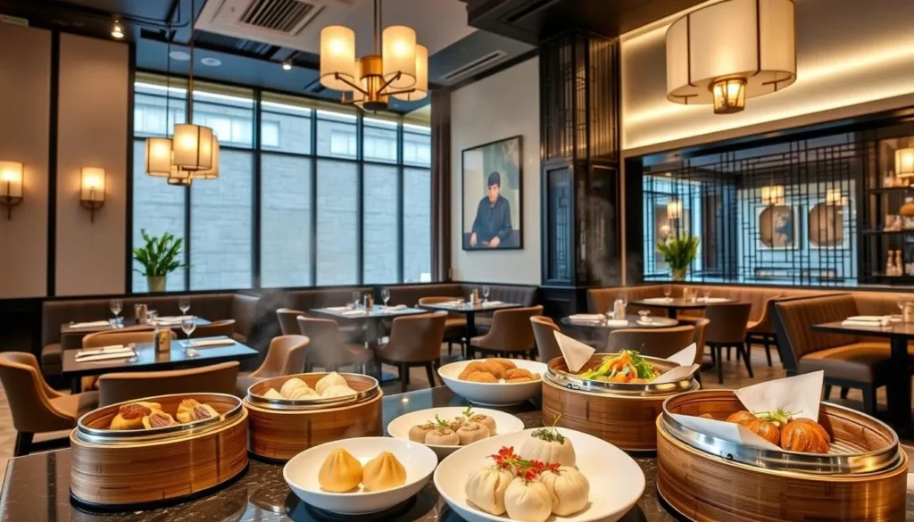 An image of Madame Fan's modern and sleek interior, highlighting its trendy ambiance and dim sum dishes.
