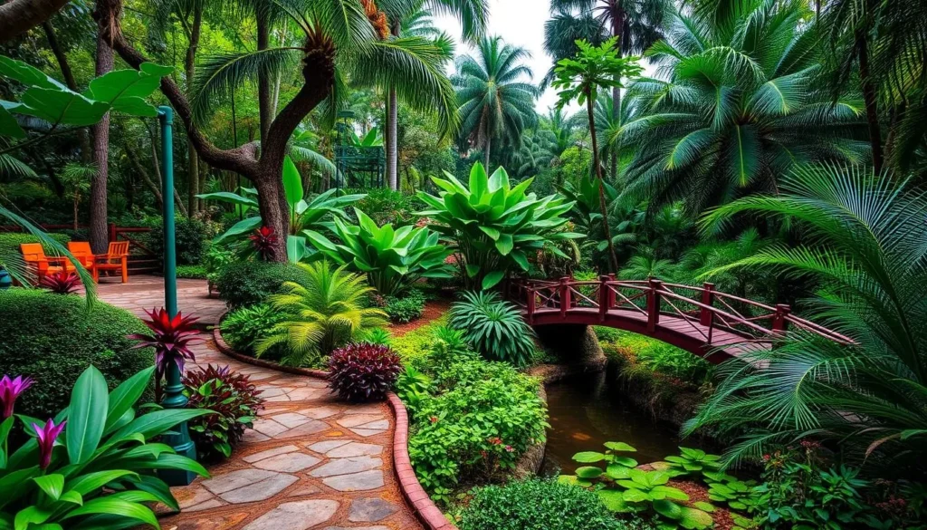 An image of McKee Botanical Garden's lush tropical landscape with winding paths and picturesque bridges.