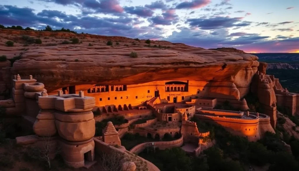 An image of Mesa Verde National Park's Cliff Palace during sunset.