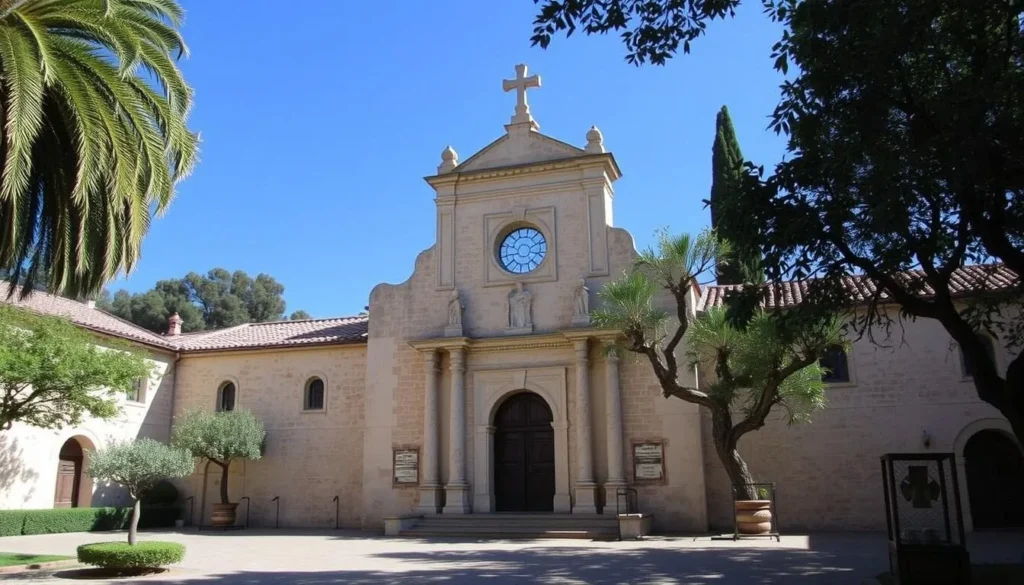 An image of Mission San José's historic chapel and courtyard
