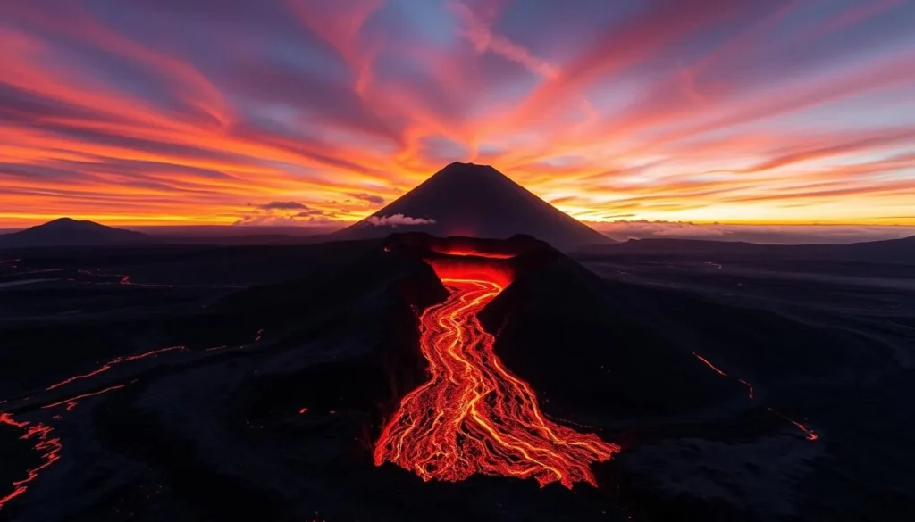 An image of Mount Yasur volcano erupting at sunset