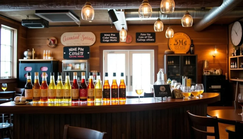 An image of Nine Pin Cider Works' tasting room with a variety of ciders.