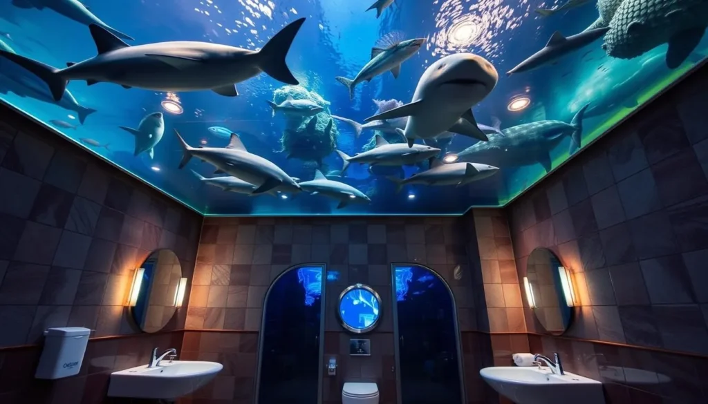 An image of OdySea Aquarium's "bathroom" with shark tanks overhead.