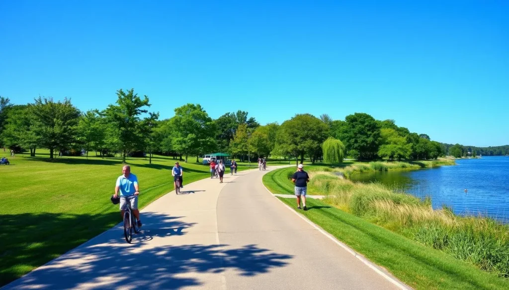 An image of Onondaga Lake Park with a paved path along the lake's shoreline, featuring walkers and bicyclists.