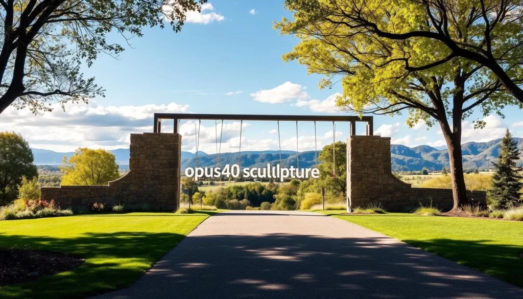 An image of Opus40 Sculpture Park's entrance with a scenic background of the surrounding landscape.