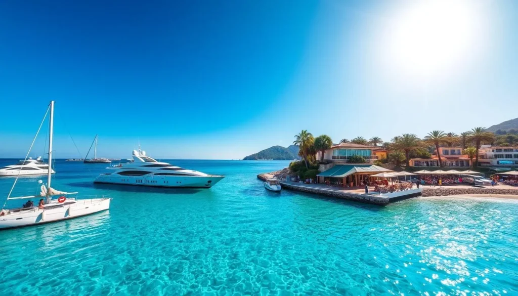 An image of Pampelonne Beach with luxury yachts and beach clubs