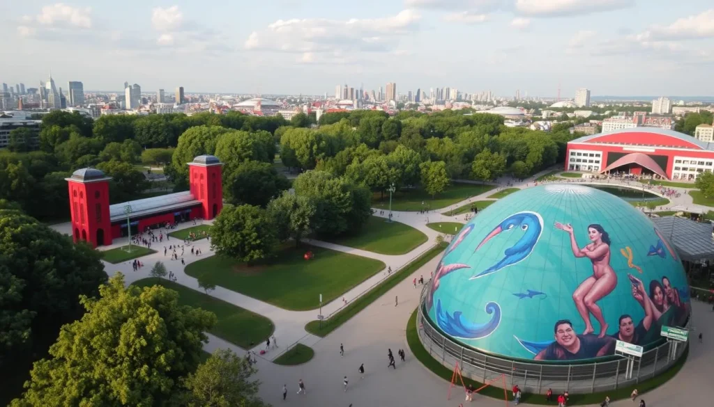 An image of Parc de la Villette with its striking red follies, green spaces, and cultural venues.