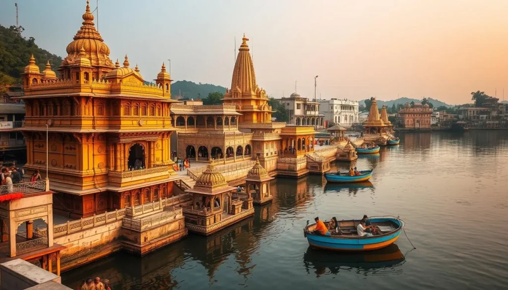 An image of Pashupatinath Temple, with its ghats along the Bagmati River.