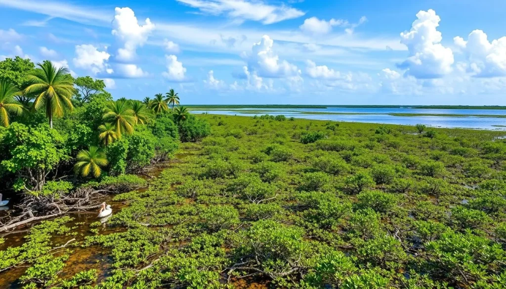 An image of Pelican Island National Wildlife Refuge, showcasing its diverse wildlife and mangrove forests.