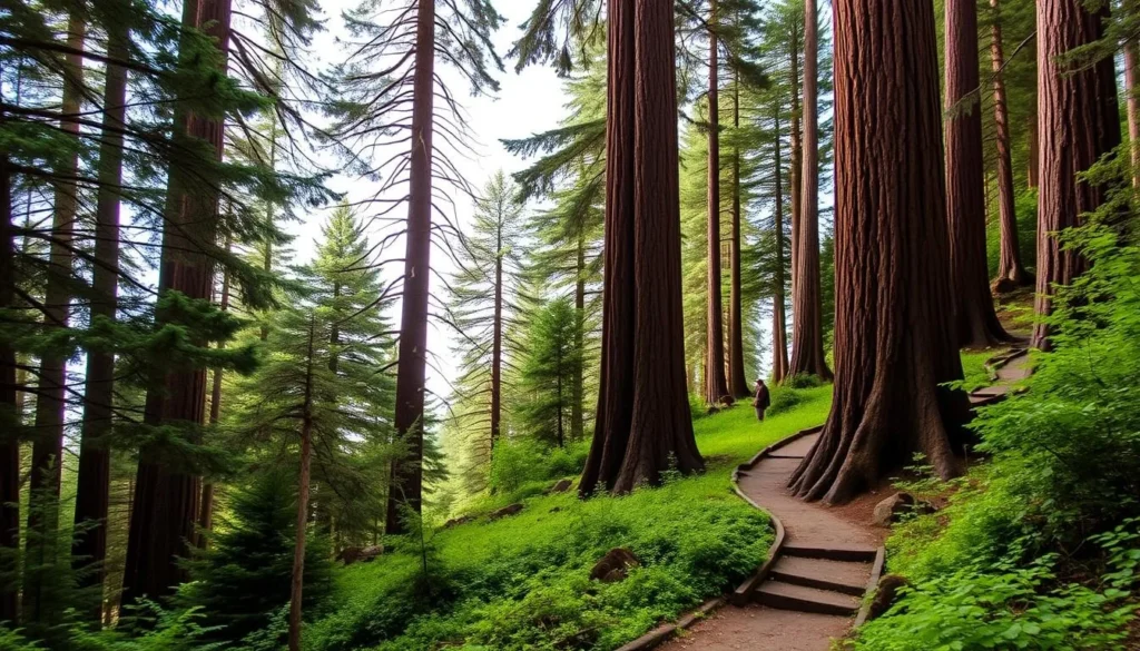 An image of Pfeiffer Big Sur State Park with a scenic trail surrounded by redwoods