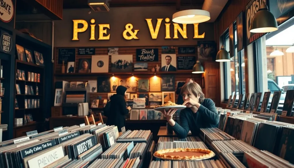 An image of Pie & Vinyl's interior with a customer enjoying a pie and browsing vinyl records