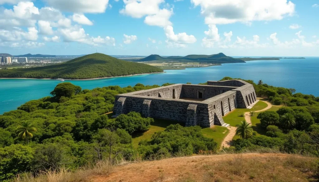 An image of Pigeon Island National Park with its historic fort ruins and scenic views.