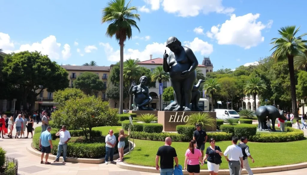 An image of Plaza Botero with Fernando Botero's oversized bronze sculptures