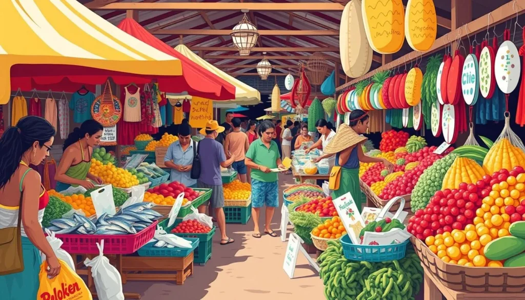 An image of Port Vila Market, bustling with local vendors selling fresh produce, seafood, and handmade crafts.