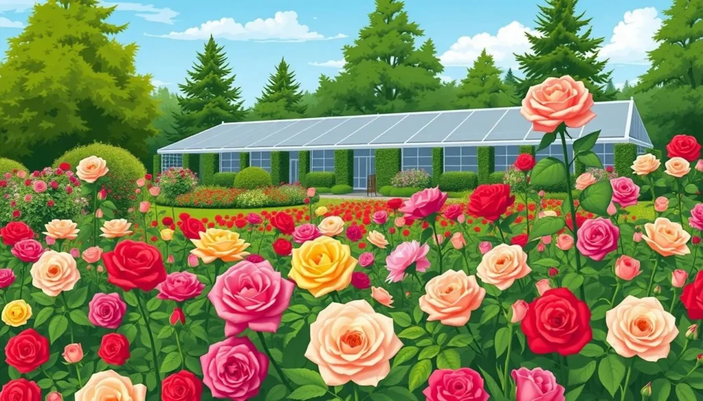 An image of Portland's International Rose Test Garden in full bloom