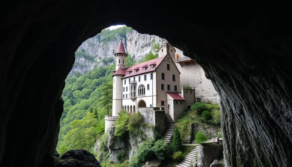 An image of Predjama Castle built into the mouth of a cave.