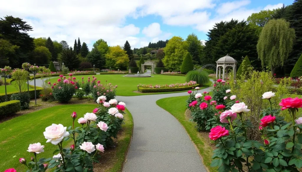 An image of Queen's Park in Invercargill, showcasing its beautiful rose gardens and walking trails.
