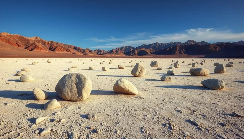 An image of Racetrack Playa with sailing stones on the dry lakebed
