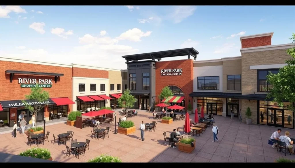 An image of River Park Shopping Center's outdoor courtyard with various stores and restaurants around.