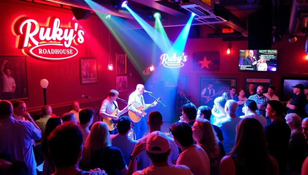 An image of Ruby's Roadhouse with live music performers and a lively atmosphere