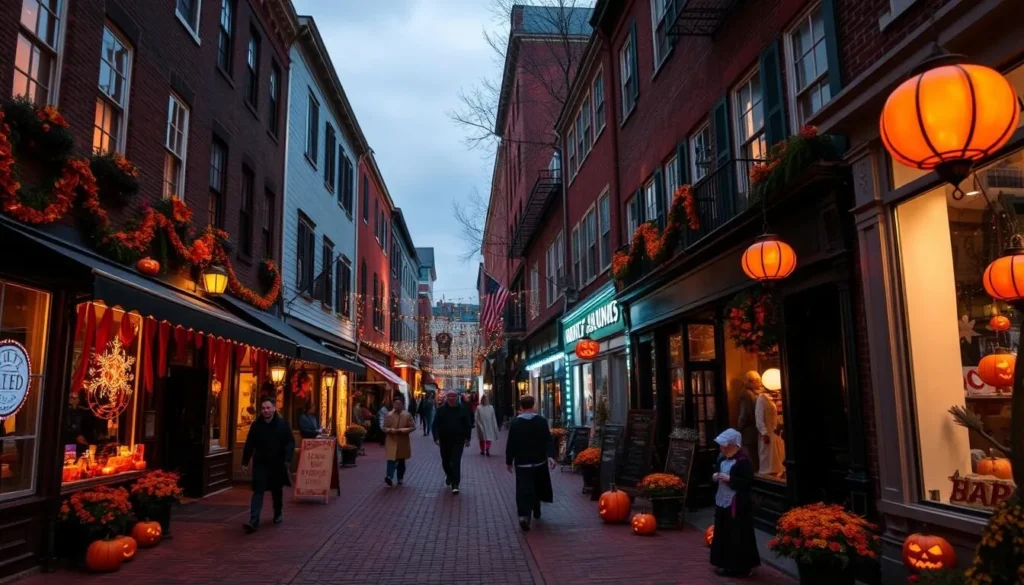 An image of Salem's historic downtown area during the Halloween season