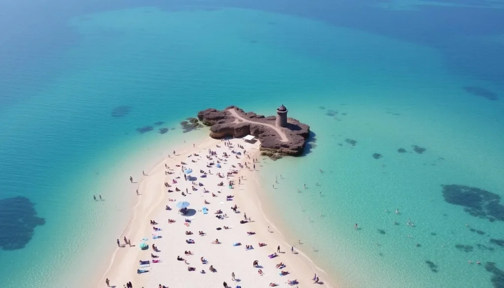 An image of Sandy Point State Park beach with clear waters and a vibrant atmosphere.