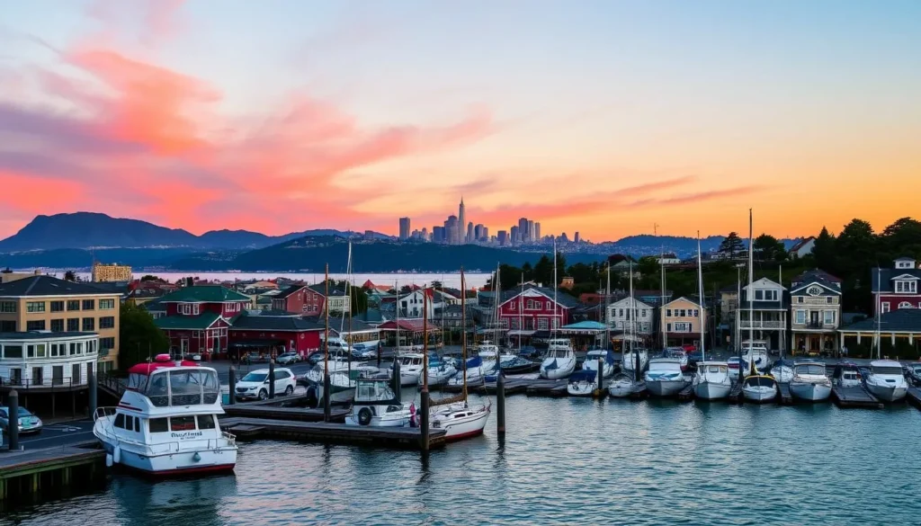 An image of Sausalito's waterfront with San Francisco skyline in the background